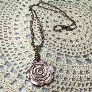 vintage style carved shell dark Pink Rose Pendant Necklace